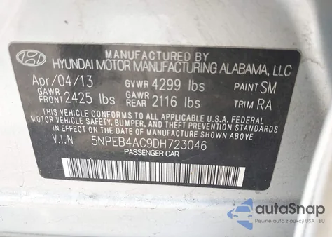 2013 Hyundai Sonata Gls из США, поврежденный, VIN 5NPEB4AC9DH723046